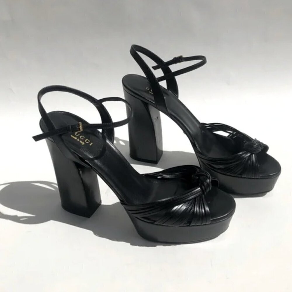 Gucci Allie Knotted Platform Sandals EU 37 US 7 Black Crawford Block High Heel